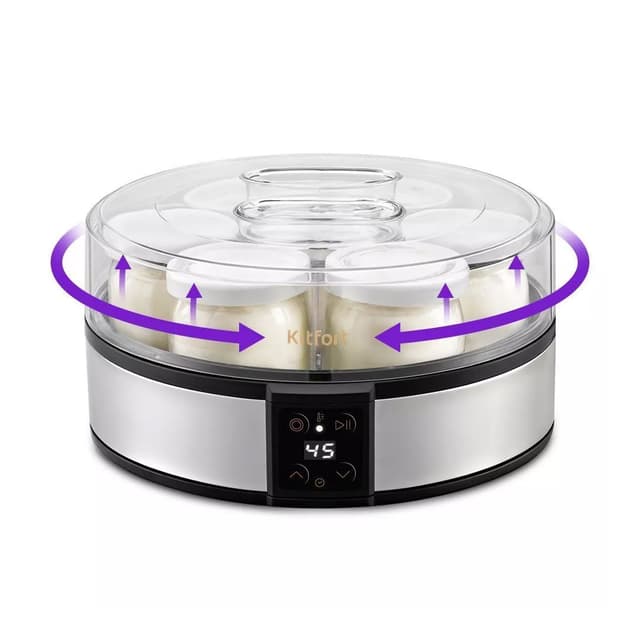 Йогуртница, Kitfort, КТ-6363, Количество емкостей 7 шт, Материал емкостей стекло, Тип управления кнопочное, Дисплей, Индикация времени приготовления, температуры, Таймер , Цвет серебристый