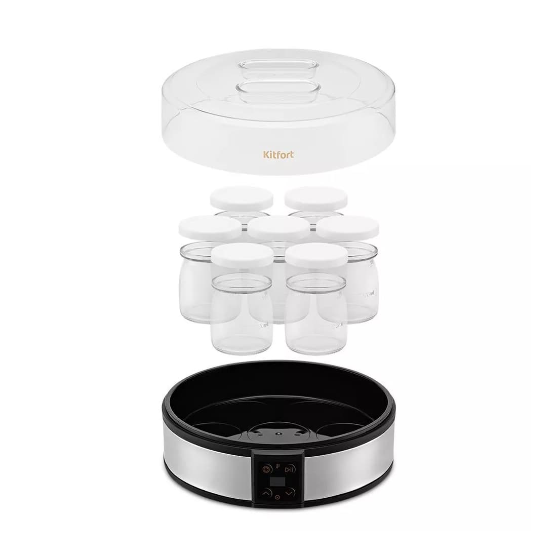 Йогуртница, Kitfort, КТ-6363, Количество емкостей 7 шт, Материал емкостей стекло, Тип управления кнопочное, Дисплей, Индикация времени приготовления, температуры, Таймер , Цвет серебристый