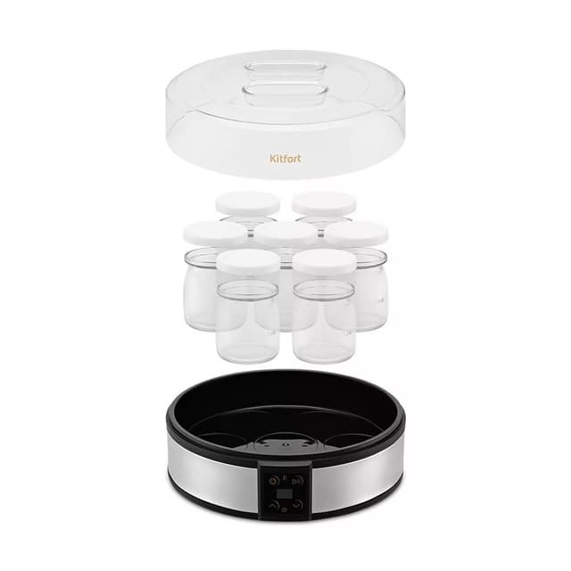 Йогуртница, Kitfort, КТ-6363, Количество емкостей 7 шт, Материал емкостей стекло, Тип управления кнопочное, Дисплей, Индикация времени приготовления, температуры, Таймер , Цвет серебристый