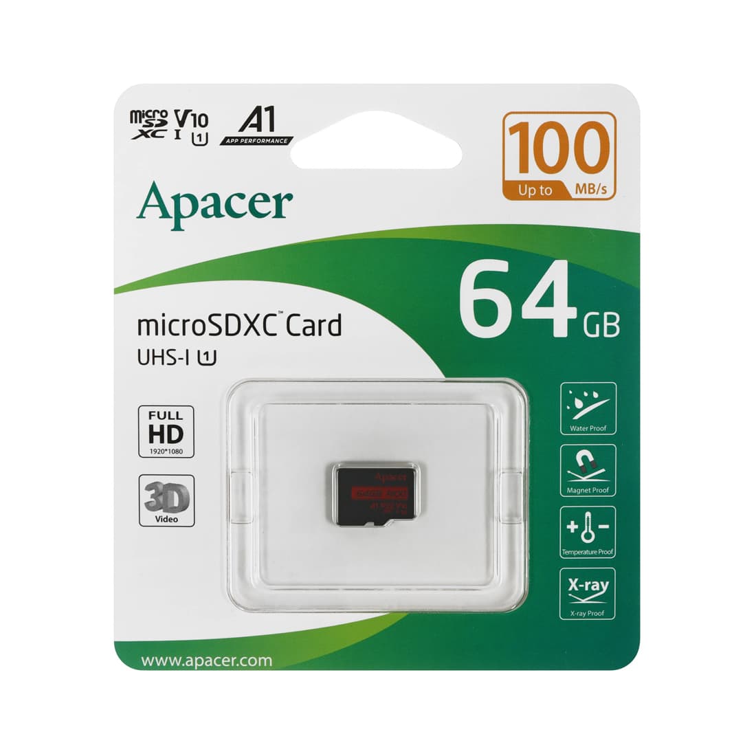 Карта памяти, Apacer, AP64GMCSX10UB-RA, microSDXC 64GB, U1 V10 A1 R100