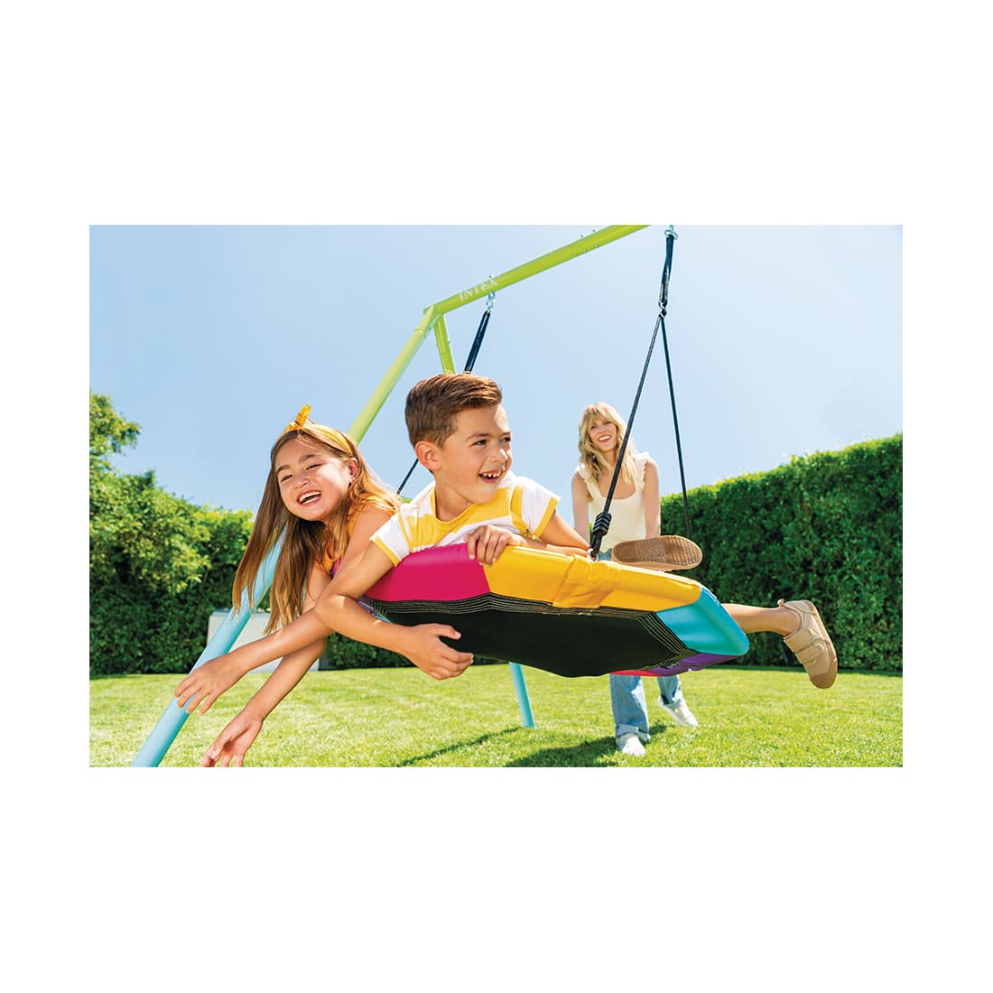 Качели детские, INTEX, 44125, Сталь/винил, 2в1 - качели и гнездо(до 100кг), 3-10 лет, 267x254x211см, Зелёная, Цветная коробка