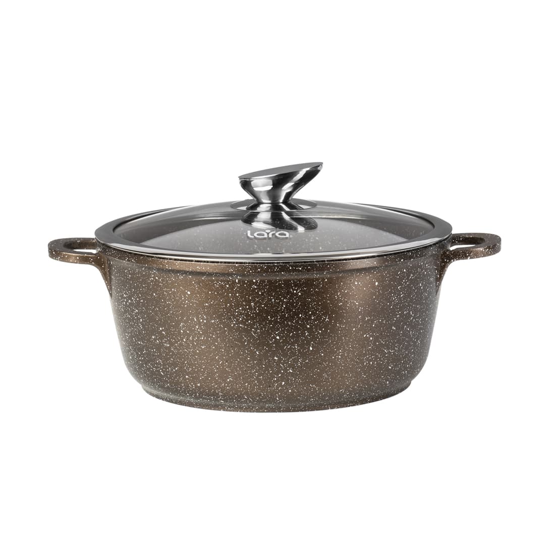 Кастрюля, LARA, CHOCO LR02-202, Диаметр 20 см, Высота 8.5 см, Объем 2.3л, Литой алюминий/Нержавеющая сталь/Стекло, Для всех типов плит, Мойка ручная/в посудомоечной машине, Коричневый
