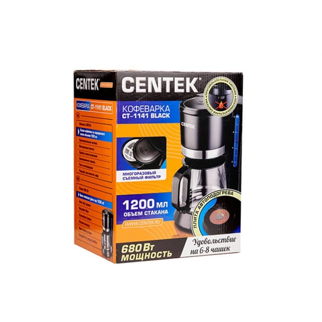 Кофеварка капельная, Centek, CT-1141, Мощность 680Вт, 1200мл, Капля стоп, Съёмный фильтр, Подогрев, Черный