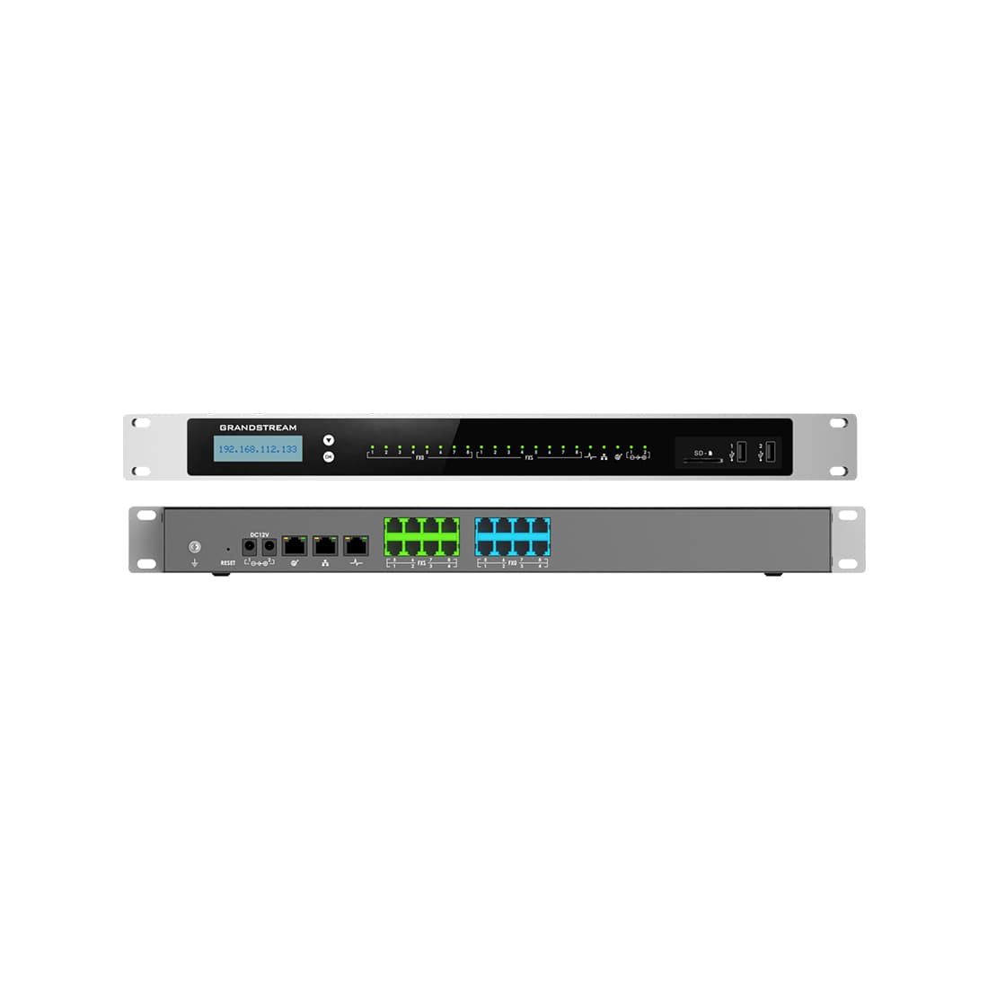 IP-АТС, Grandstream, UCM6308, 8 RJ11 FXS, 8 RJ11 FXO, 2x GbE PoE LAN/WAN, 1 порт горячего резервирования, 3000 пользователей SIP, 300 одновременных вызовов, UCM RC, VideoServer, блок питания 12 В/2 А