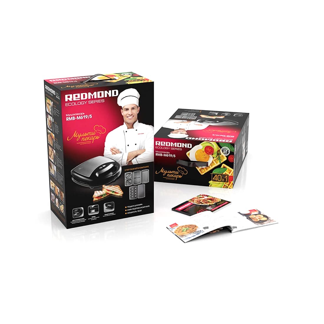 Мультипекарь, Redmond, RMB-M619/5, Мощность 700 Вт, Количество комплектов съемных панелей 5, Съемный поддон для сбора масла/жира, Покрытие панелей - антипригарное, Черный