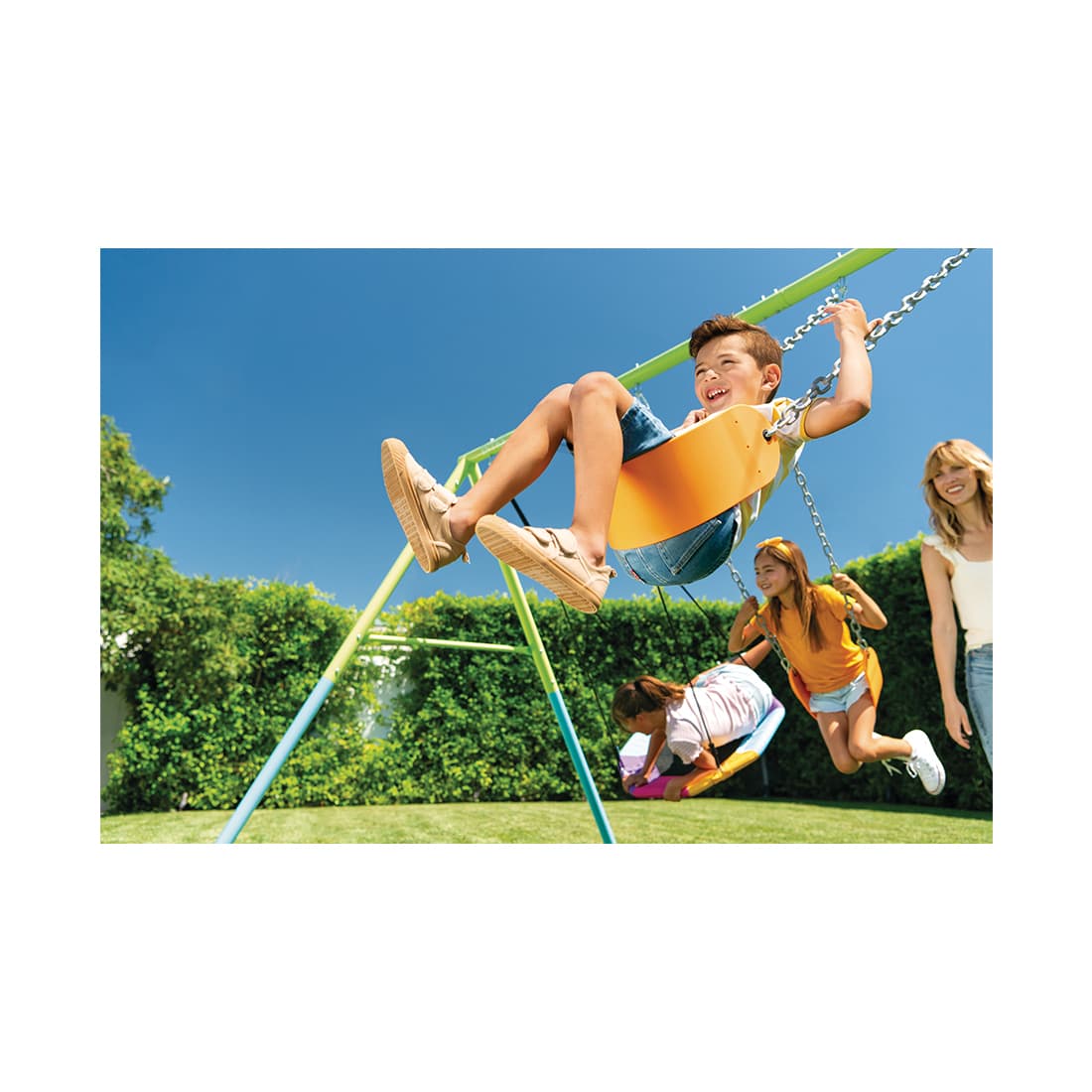 Качели детские, INTEX, 44133, Сталь/винил, 3в1 - две качели и гнездо (до 100кг), 3-10 лет, 361x254x211см, Зелёная, Цветная коробка