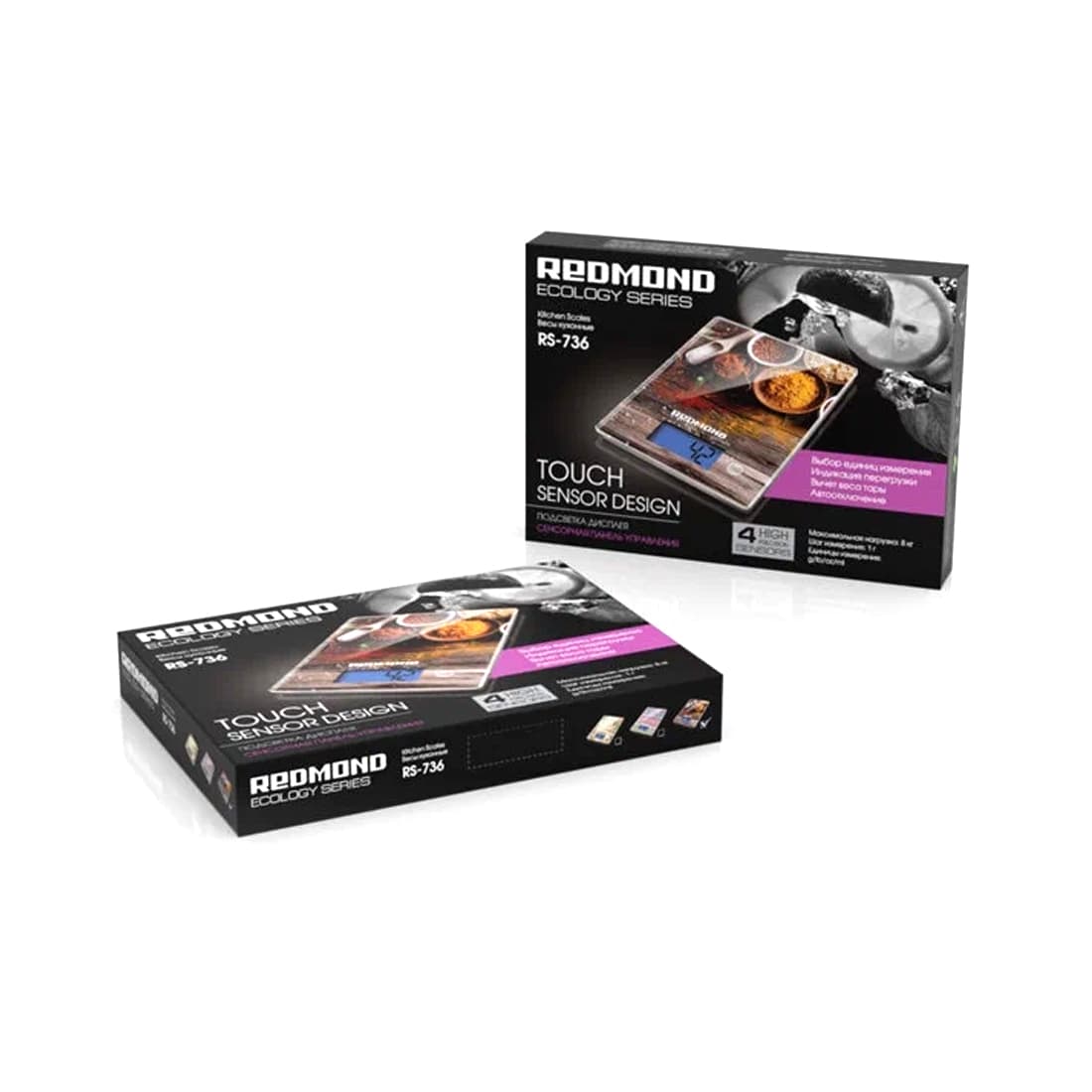 Весы кухонные, Redmond, RS-736, Электронный тип управления, Дисплей, Питание от батарей, Тип батарей CR2032, Автоотключение, Автообнуление, Индикация перегрузки, Рисунок специи