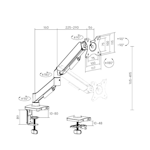 Настольный кронштейн, Brateck LDT97-C012, для мониторов 17"-32", нагрузка 9кг, VESA 100x100.75x75. наклон:+90°-90°, поворот:+90°-90° , регулировка по высоте до 450мм, портретная или альбомная ориентация.