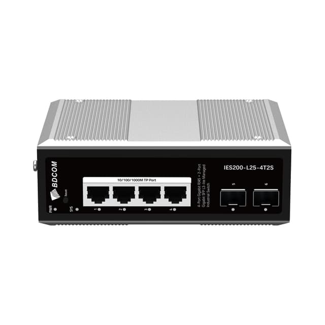 Коммутатор, BDCOM, IES200-L25-4T2S, Управляемый L3-lite, 4 порта 10/100/1000 RJ45, 2 порта SFP, DC 12-55В Dual RPS, вход DC12V, -40+75°C, DIN-rail
