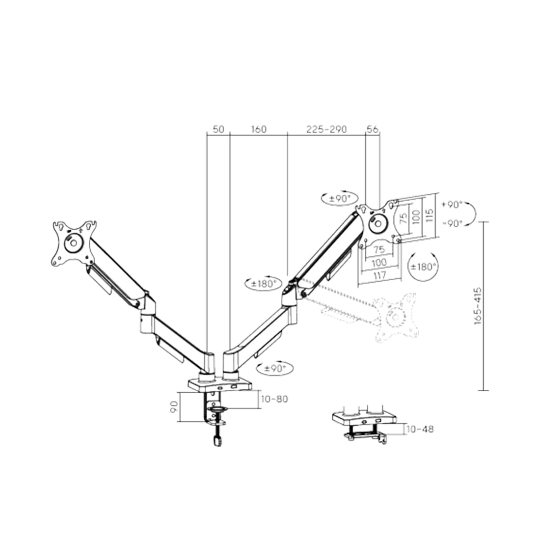 Настольный кронштейн для мониторов, Brateck, LDT97-C024, 13"-32", Нагрузка 2х9 кг., Наклон +/- 90°, Поворот +/- 90°, Вращение монитора +/- 180°, VESA 75x75,100x100