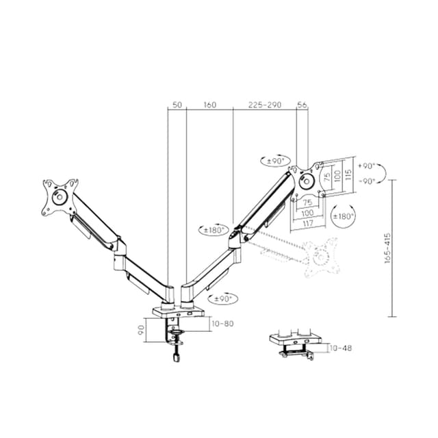Настольный кронштейн для мониторов, Brateck, LDT97-C024, 13"-32", Нагрузка 2х9 кг., Наклон +/- 90°, Поворот +/- 90°, Вращение монитора +/- 180°, VESA 75x75,100x100