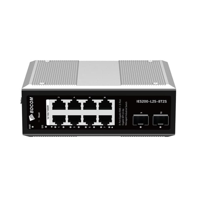 Коммутатор, BDCOM, IES200-L25-8T2S, Управляемый L3-lite, 8 портов 10/100/1000 RJ45, 2 порта SFP, DC 12-55В Dual RPS, вход DC12V, -40+75°C, DIN-rail