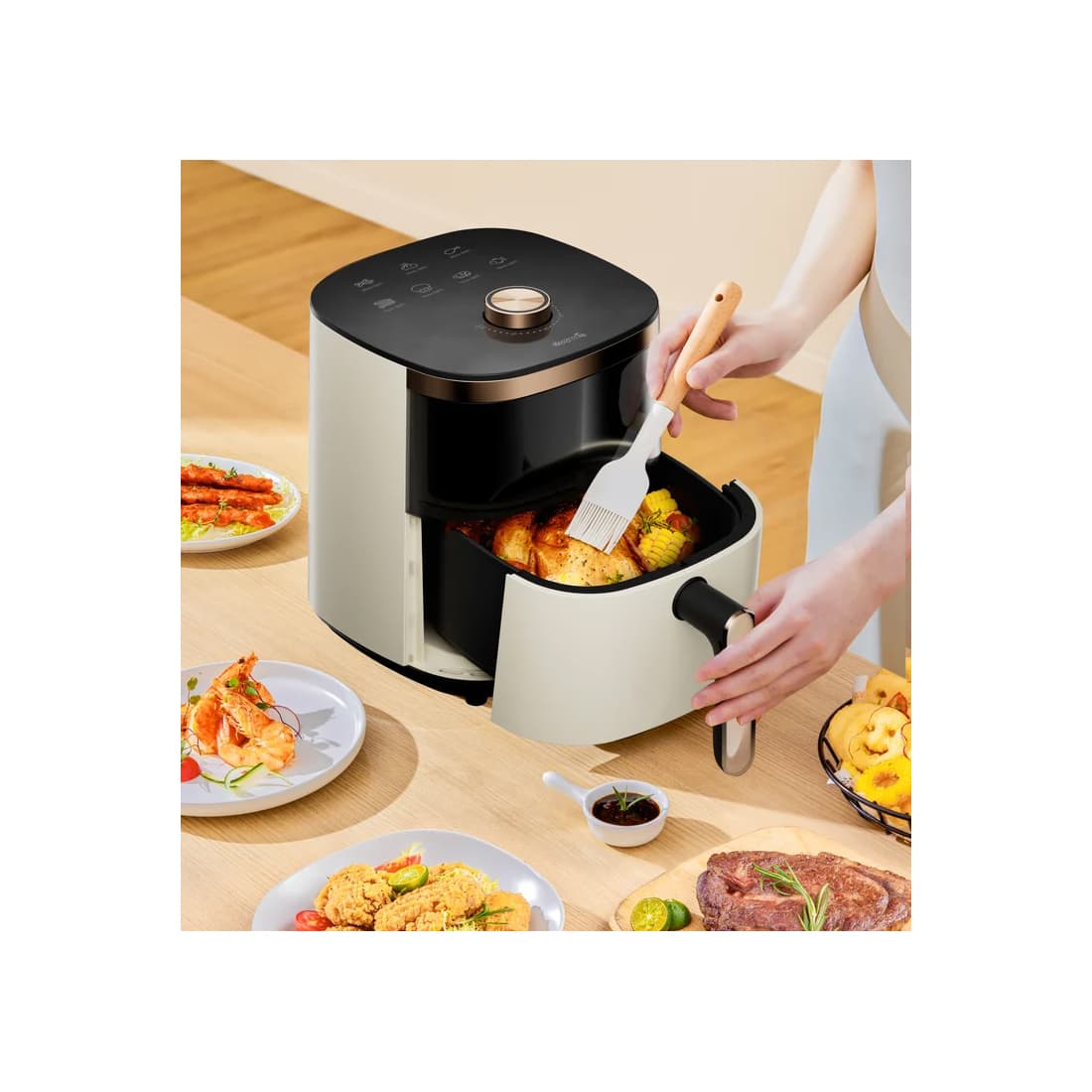 Аэрофритюрница, Deerma, Air Fryer DEM-KZ30W, Объем чаши 3 л, Мощность 1200 Вт, Таймер, Черный/Золотой
