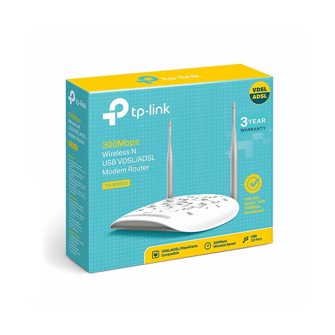 Модем, TP-Link, TD-W9970, до 100 Мбит/с по VDSL2, Wi-Fi до 300 Мбит/с, 4 порта 10/100 Мбит/с RJ45, 1 порт RJ11, 1 порт USB 2.0