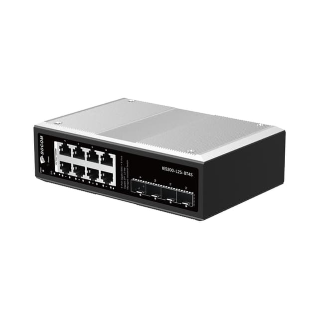Коммутатор, BDCOM, IES200-L25-8T4S, Управляемый L3-lite, 8 портов 10/100/1000 RJ45, 4 порта SFP, DC 12-55В Dual RPS, вход DC12V, -40+75°C, DIN-rail