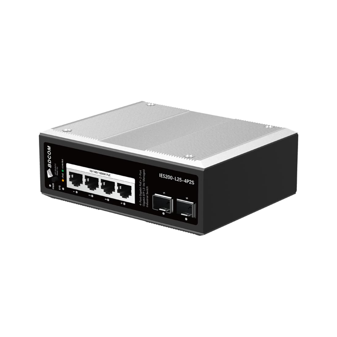 Коммутатор, BDCOM, IES200-L25-4P2S, Управляемый L3-lite, 4 порта 10/100/1000 RJ45, PoE 802.3af/at, бюджет POE 120В (зависит от БП), 2 порта SFP, DC 48-55В Dual RPS, вход DC12V, -40+75°C, DIN-rail, без блока питания