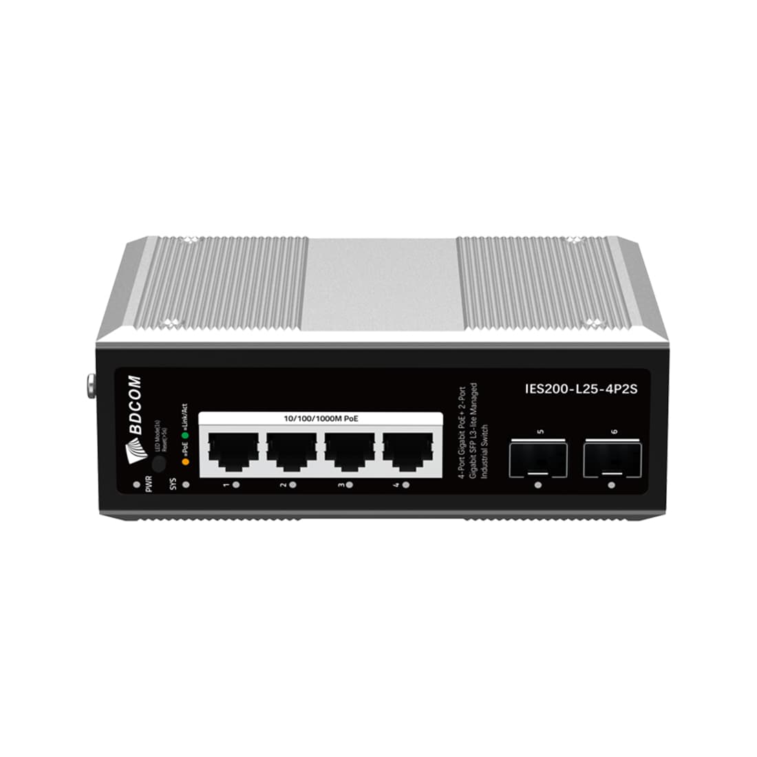 Коммутатор, BDCOM, IES200-L25-4P2S, Управляемый L3-lite, 4 порта 10/100/1000 RJ45, PoE 802.3af/at, бюджет POE 120В (зависит от БП), 2 порта SFP, DC 48-55В Dual RPS, вход DC12V, -40+75°C, DIN-rail, без блока питания