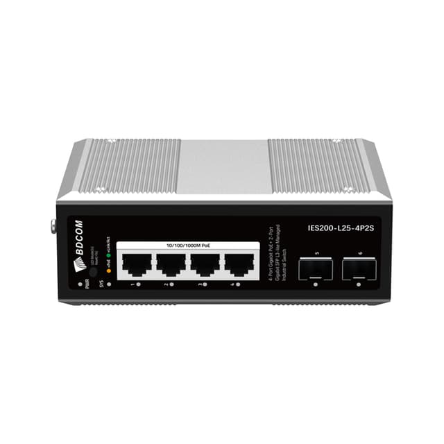 Коммутатор, BDCOM, IES200-L25-4P2S, Управляемый L3-lite, 4 порта 10/100/1000 RJ45, PoE 802.3af/at, бюджет POE 120В (зависит от БП), 2 порта SFP, DC 48-55В Dual RPS, вход DC12V, -40+75°C, DIN-rail, без блока питания
