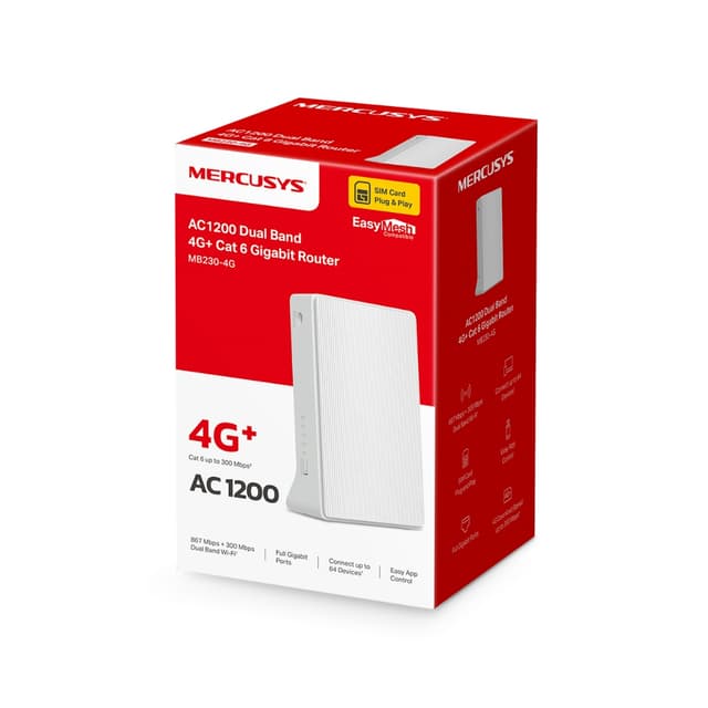 Маршрутизатор, Mercusys, MB230-4G, 802.11a/b/g/n/ac, 1  LAN/WAN 10/100 Мбит/с, 1  порт LAN 10/100 Мбит/с, 2 порта для подключения внешней антенны 4G/3G, 1  слот для установки Nano SIM-карты
