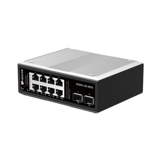 Коммутатор, BDCOM, IES200-L25-8P2S, Управляемый L3-lite, 8 портов 10/100/1000 RJ45, PoE 802.3af/at, бюджет POE 240В (зависит от БП), 2 порта SFP, DC 48-55В Dual RPS, вход DC12V, -40+75°C, DIN-rail, без блока питания