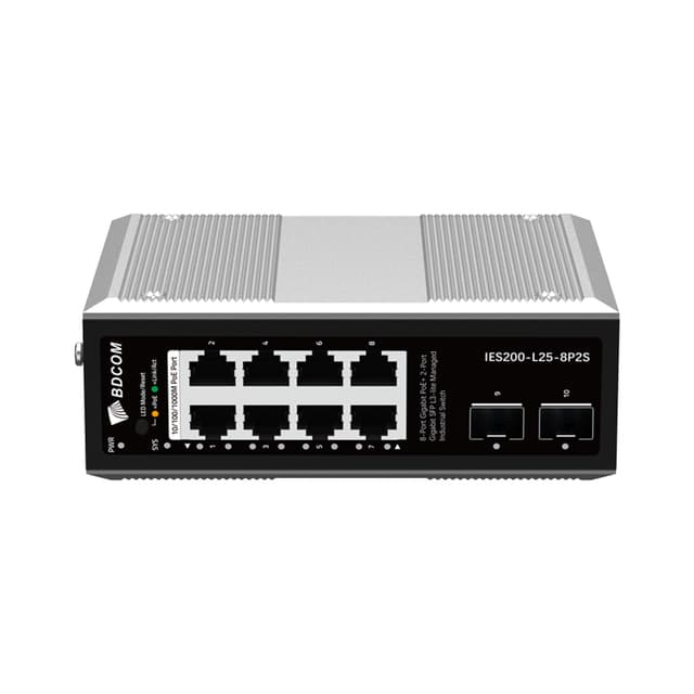 Коммутатор, BDCOM, IES200-L25-8P2S, Управляемый L3-lite, 8 портов 10/100/1000 RJ45, PoE 802.3af/at, бюджет POE 240В (зависит от БП), 2 порта SFP, DC 48-55В Dual RPS, вход DC12V, -40+75°C, DIN-rail, без блока питания