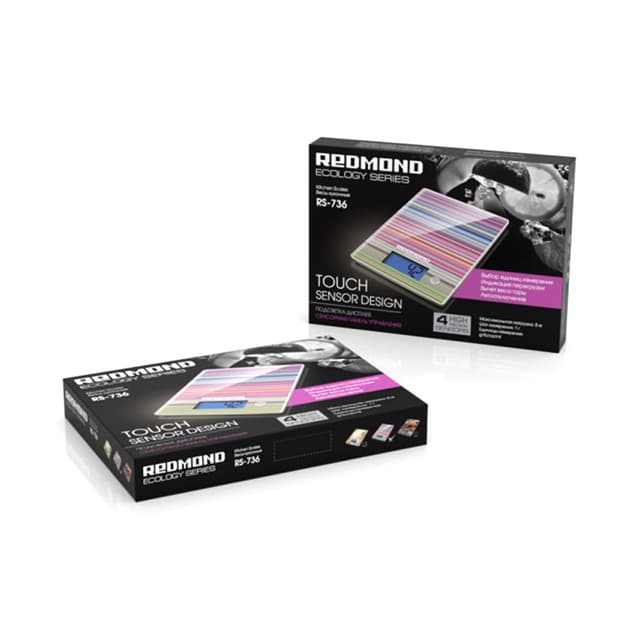 Весы кухонные, Redmond, RS-736, Полоски,Индикация заряда батареи есть ,Материал платформы	стекло , Предел взвешивания	8 кг