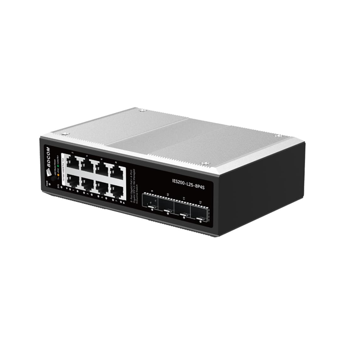 Коммутатор, BDCOM, IES200-L25-8P4S, Управляемый L3-lite, 8 портов 10/100/1000 RJ45, PoE 802.3af/at, бюджет POE 240В (зависит от БП), 4 порта SFP, DC 48-55ВDual RPS, вход DC12V, -40+75°C, DIN-rail, без блока питания