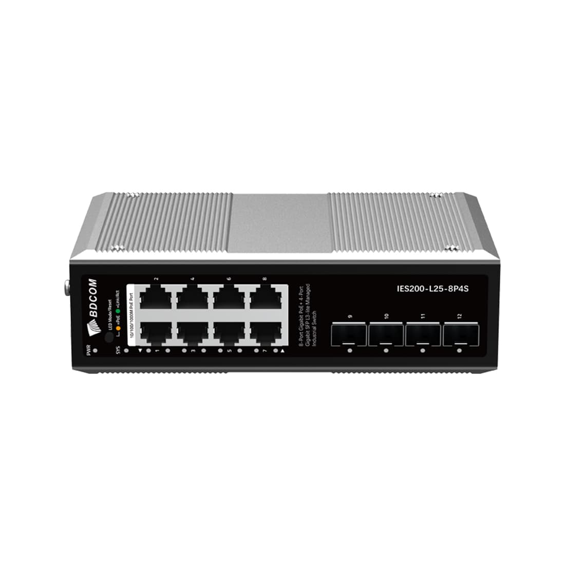 Коммутатор, BDCOM, IES200-L25-8P4S, Управляемый L3-lite, 8 портов 10/100/1000 RJ45, PoE 802.3af/at, бюджет POE 240В (зависит от БП), 4 порта SFP, DC 48-55ВDual RPS, вход DC12V, -40+75°C, DIN-rail, без блока питания