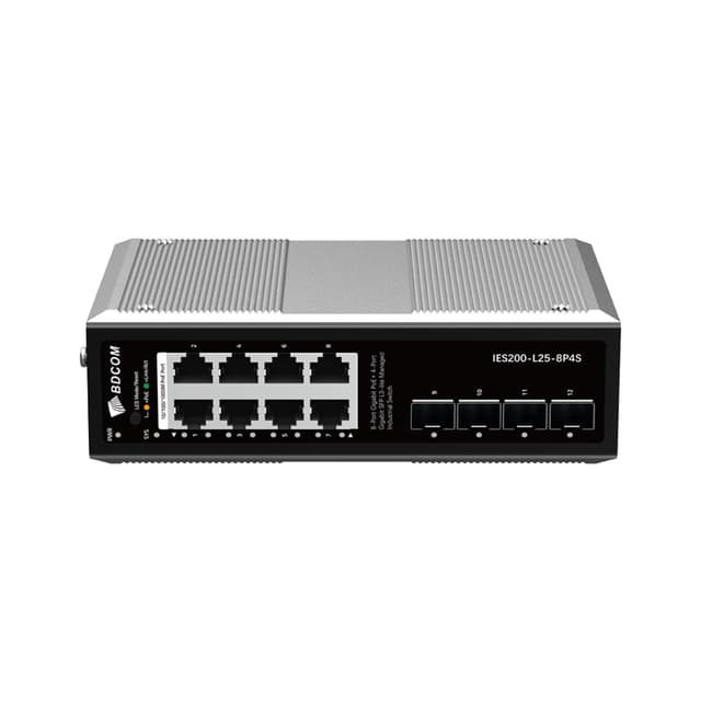 Коммутатор, BDCOM, IES200-L25-8P4S, Управляемый L3-lite, 8 портов 10/100/1000 RJ45, PoE 802.3af/at, бюджет POE 240В (зависит от БП), 4 порта SFP, DC 48-55ВDual RPS, вход DC12V, -40+75°C, DIN-rail, без блока питания