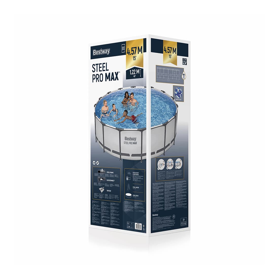 Каркасный бассейн Steel Pro MAX 457 х 122 см, BESTWAY, 56438, Винил, 16015 л., Стальной каркас, Ф-насос 58386 (3028л/ч), Лестница 58336, Тент 58038, Серый, Цветная коробка