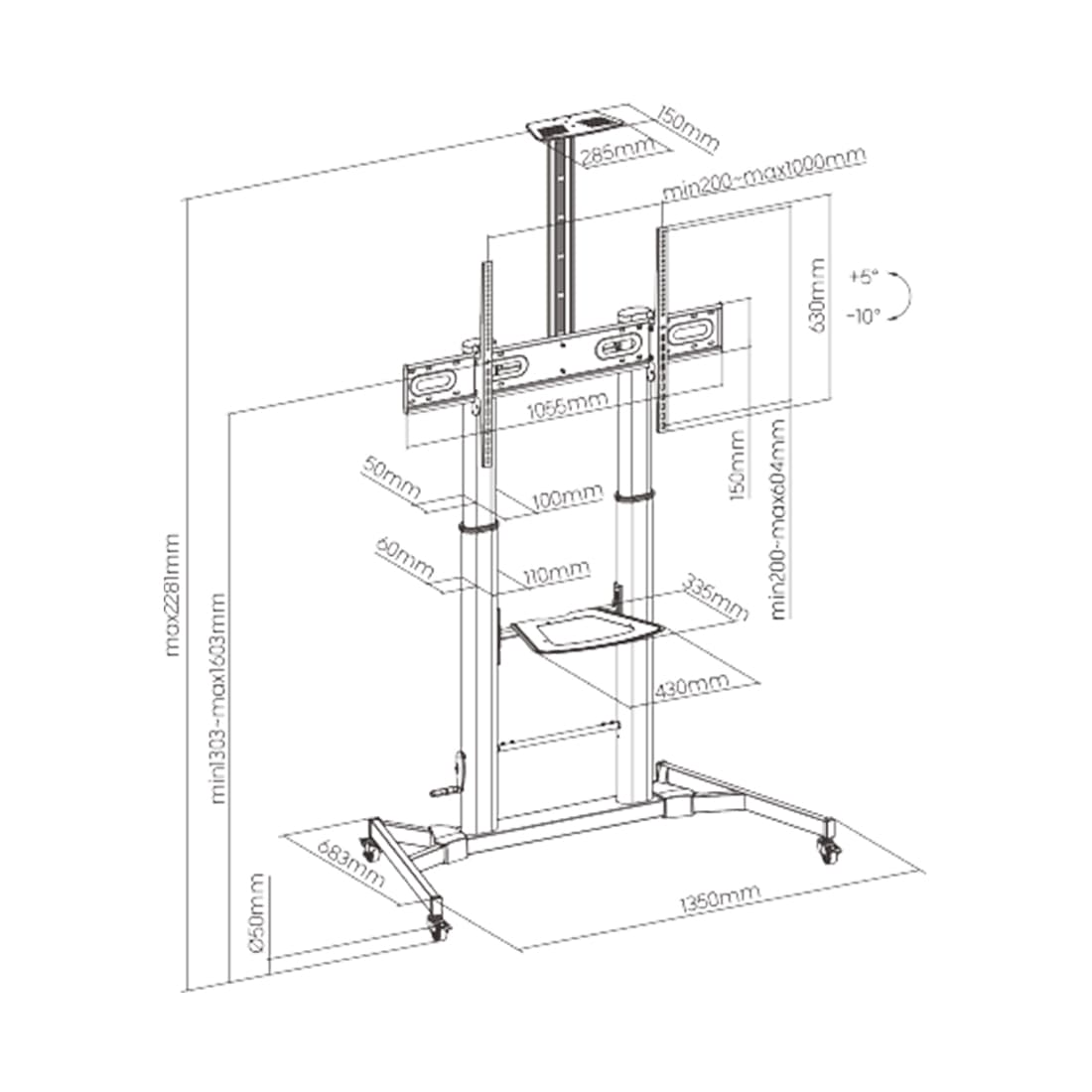 Стойка мобильная, Brateck, TTL03H-610TW, 60"-100",