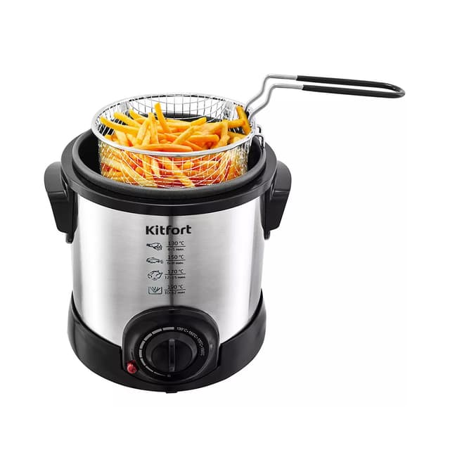 Фритюрница, Kitfort, КТ-2009, Мощность 1000 Вт, Ёмкость 1л, Нержавеющая сталь, Механический тип управления, Максимальная температура 190 °C, Длина шнура 0.92м, Антипригарное покрытие чаши, Регулируемый термостат, Плавная регулировка температуры, Серебристый