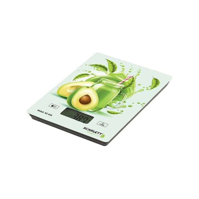 Весы кухонные, Scarlett, SC-KS57P74, Максимальный вес 10 кг, Питание от батареек 2*AAA (в комплекте), Граммы, фунты, унции, миллилитры, Ударопрочное стекло, Индикатор заряда батарейки, Белый/Рисунок