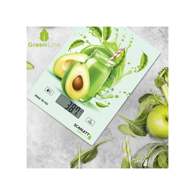 Весы кухонные, Scarlett, SC-KS57P74, Максимальный вес 10 кг, Питание от батареек 2*AAA (в комплекте), Граммы, фунты, унции, миллилитры, Ударопрочное стекло, Индикатор заряда батарейки, Белый/Рисунок
