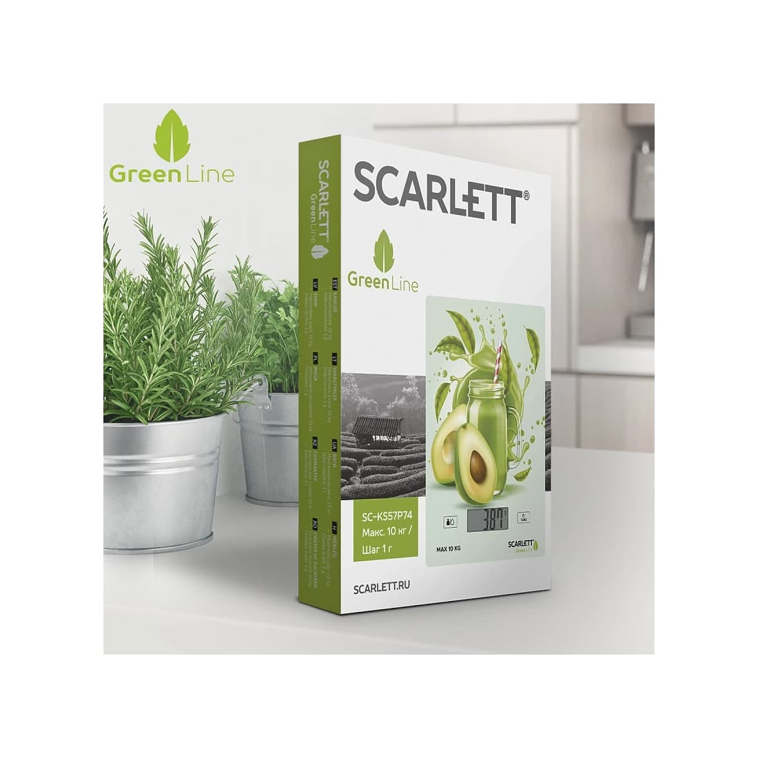 Весы кухонные, Scarlett, SC-KS57P74, Максимальный вес 10 кг, Питание от батареек 2*AAA (в комплекте), Граммы, фунты, унции, миллилитры, Ударопрочное стекло, Индикатор заряда батарейки, Белый/Рисунок