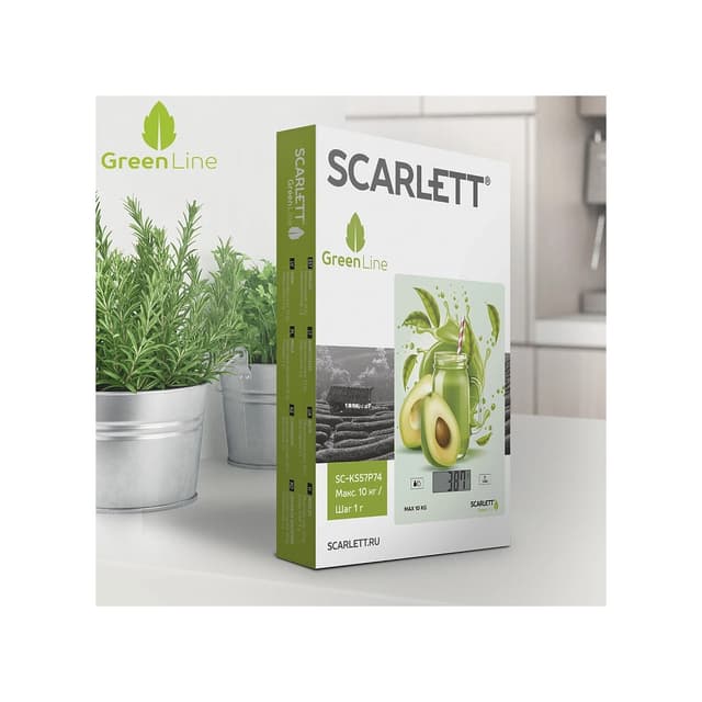 Весы кухонные, Scarlett, SC-KS57P74, Максимальный вес 10 кг, Питание от батареек 2*AAA (в комплекте), Граммы, фунты, унции, миллилитры, Ударопрочное стекло, Индикатор заряда батарейки, Белый/Рисунок