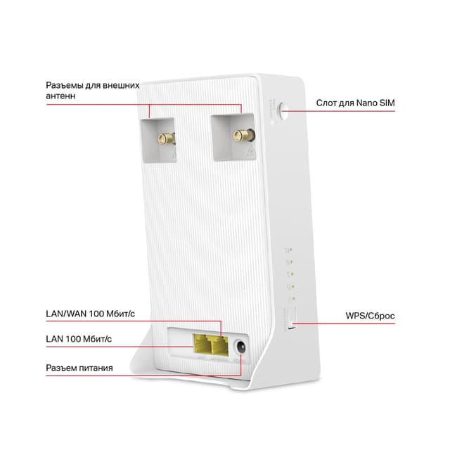 Маршрутизатор, Mercusys, MB130-4G, 802.11a/b/g/n/ac, AC1200, 1  LAN/WAN 10/100 Мбит/с, 1  порт LAN 10/100 Мбит/с, 2 порта для подключения внешней антенны 4G/3G, 1  слот для установки Nano SIM-карты