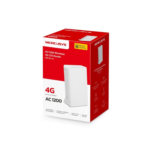 Маршрутизатор, Mercusys, MB130-4G, 802.11a/b/g/n/ac, AC1200, 1  LAN/WAN 10/100 Мбит/с, 1  порт LAN 10/100 Мбит/с, 2 порта для подключения внешней антенны 4G/3G, 1  слот для установки Nano SIM-карты