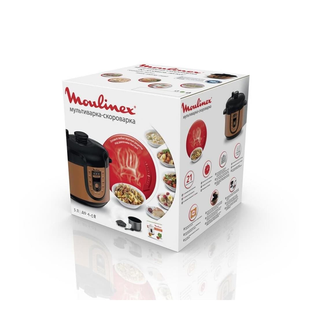Мультиварка, Moulinex, CE5A0F32, Объем 5л, Кнопочное управление, 21 программа, Поддержание температуры, Отложенный старт, Теновый нагрев, Мощность 1000 Вт, Бронзовый/черный