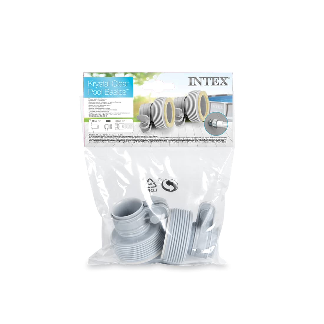 Набор переходников для шлангов, INTEX, 29061, Пластик, Для адаптирования шланга с 32 мм38 мм, 2 переходника 10722 в наборе, Серые, Пакет