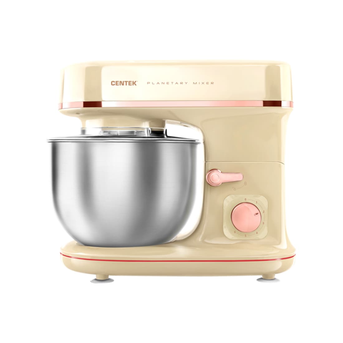 Планетарный миксер, Centek, CT-1139, Мощность 1300Вт, Чаша 5.1л, 3 насадки, 6 скоростей, Бежевый/хром