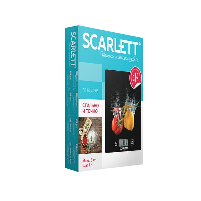 Весы кухонные, Scarlett, SC-KS57P63, Материал стекло, Макс вес 8 кг, Деления 1 г, LCD-дисплей, 1 батарейка типа CR2032 (в комплекте), Черный
