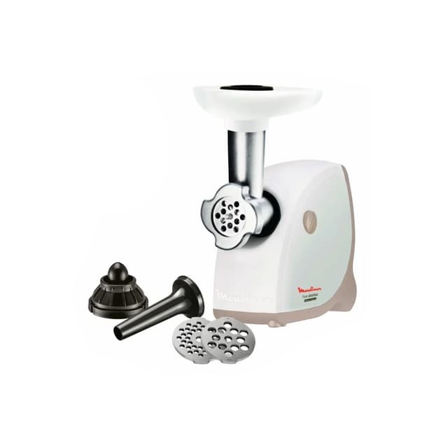Мясорубка, Moulinex, ME461132, Мощность 1600 Вт, Скорость обработки мяса - 2 кг/мин, 2 решетки в комплекте, Насадки для колбасок и кеббе, Пластиковый лоток, Белый