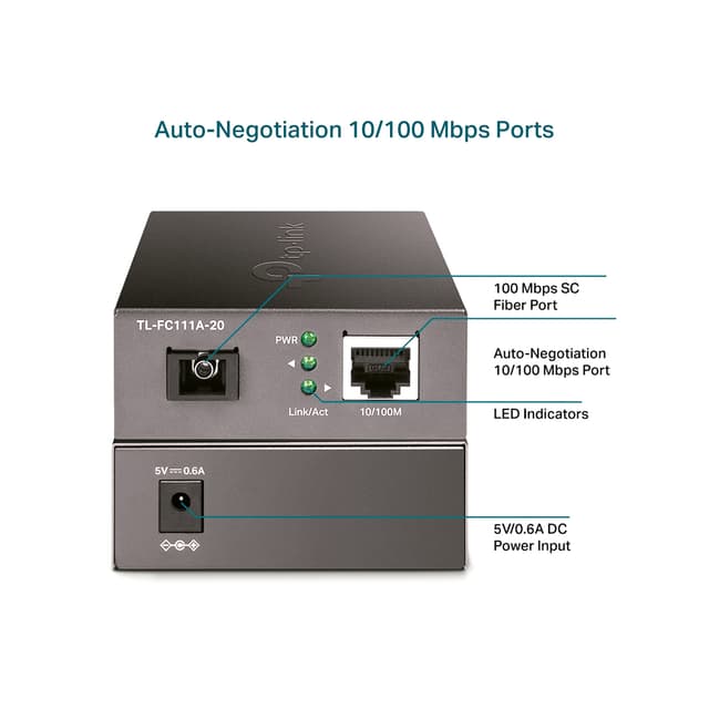 Медиаконвертер, TP-Link, FC111A-20, WDM, с 1 портом 10/100Base-TX и 1 портом 100Base-FX с разъемом SC (ТХ: 1550 нм. RX: 1310 нм) для одномодового оптического кабеля (до 20 км)