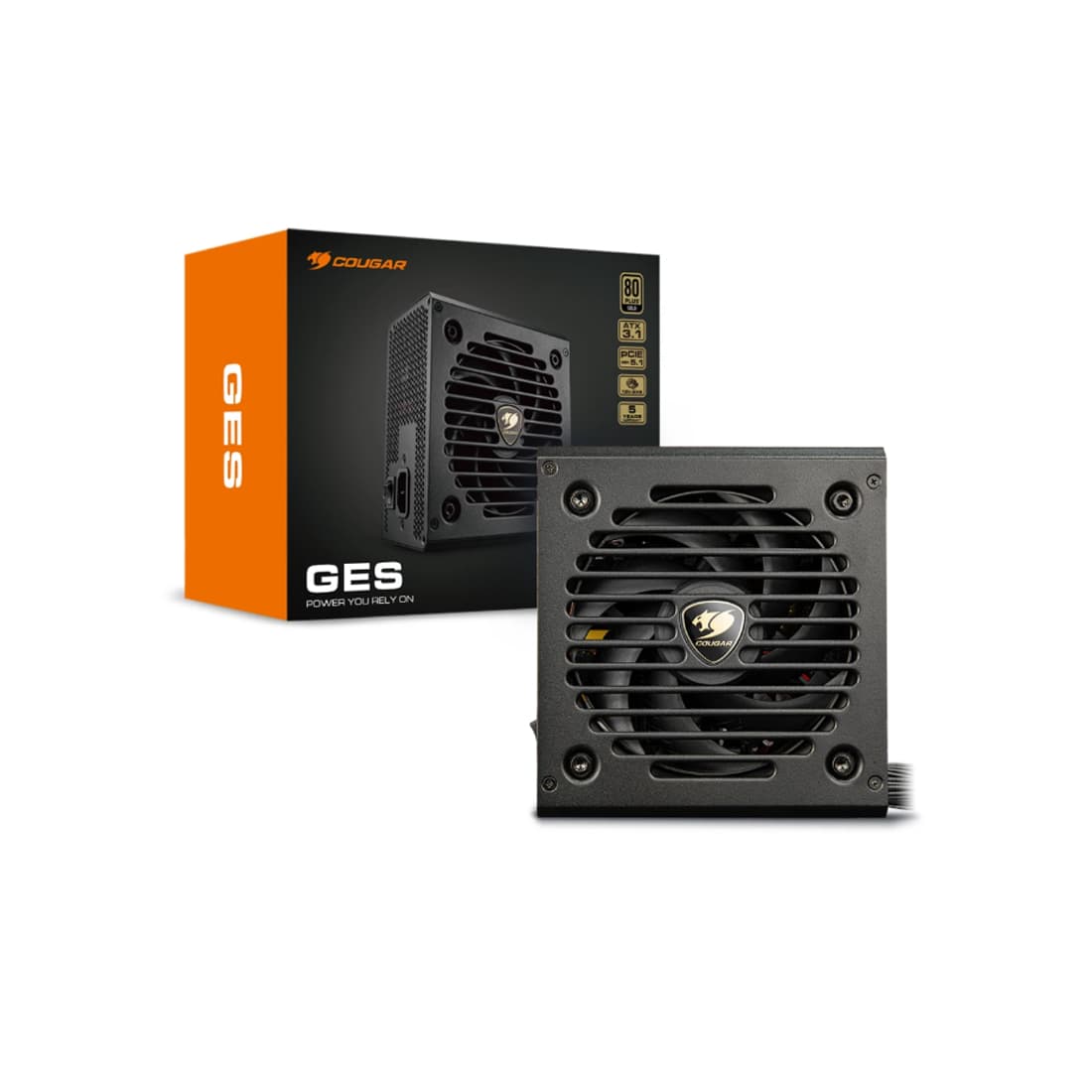 Блок питания, Cougar, GES 850, 850W, ATX 3.1, APFC, GOLD, 20+4 pin, 2*4+4pin, 6*Sata, 2*Molex, 2*PCI-E 6+2 pin, 12V-2X6, Вентилятор 12 см, Кабель питания, Чёрный
