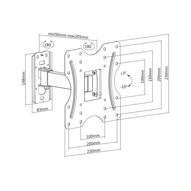 Кронштейн для ТВ и мониторов, Brateck, KLA27-221, Макс. нагрузка - 30 кг, Диагональ экрана от 23" до 42", Угол поворота 180°, Угол наклона +/-20°, Чёрный