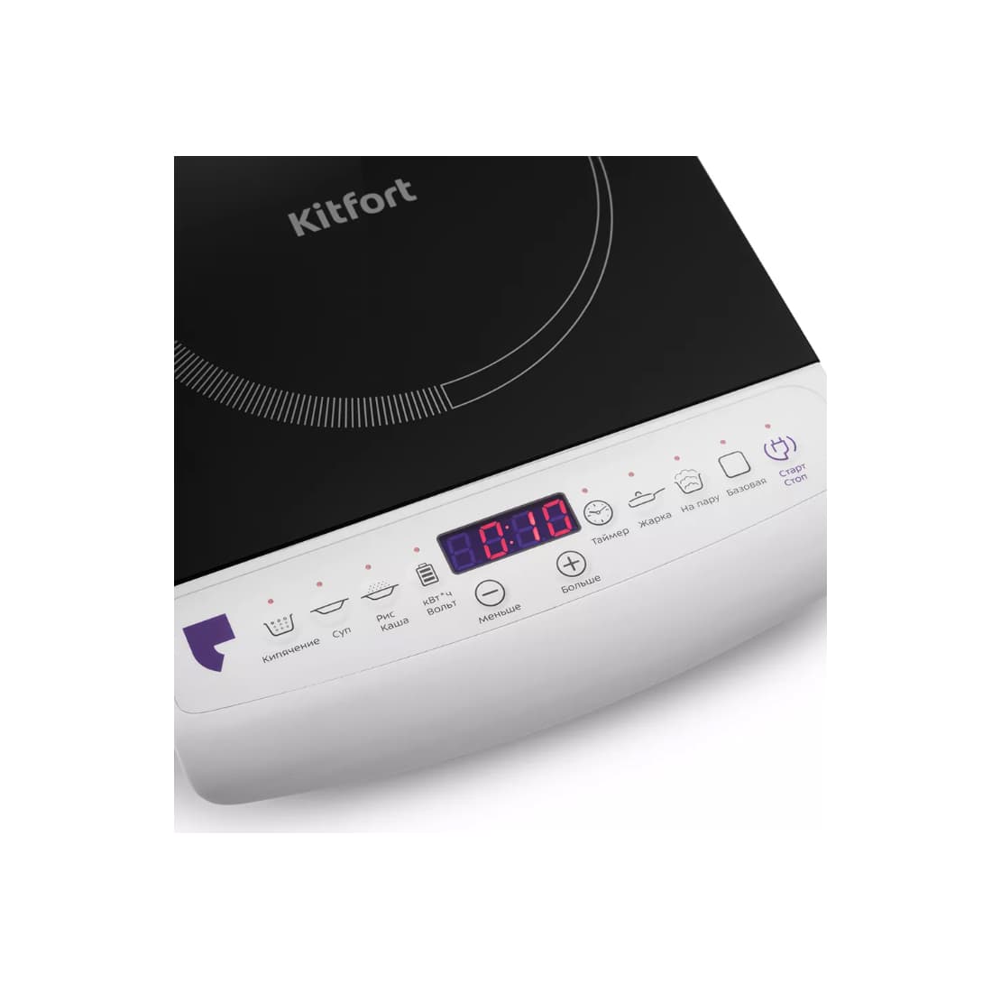 Индукционная плитка, Kitfort, КТ-101, Мощность 2000 Вт, Кнопочное управление, 1 конфорка, Диаметр конфорок 17 см, 6 программ, 10 режимов работы, Черный, Белый