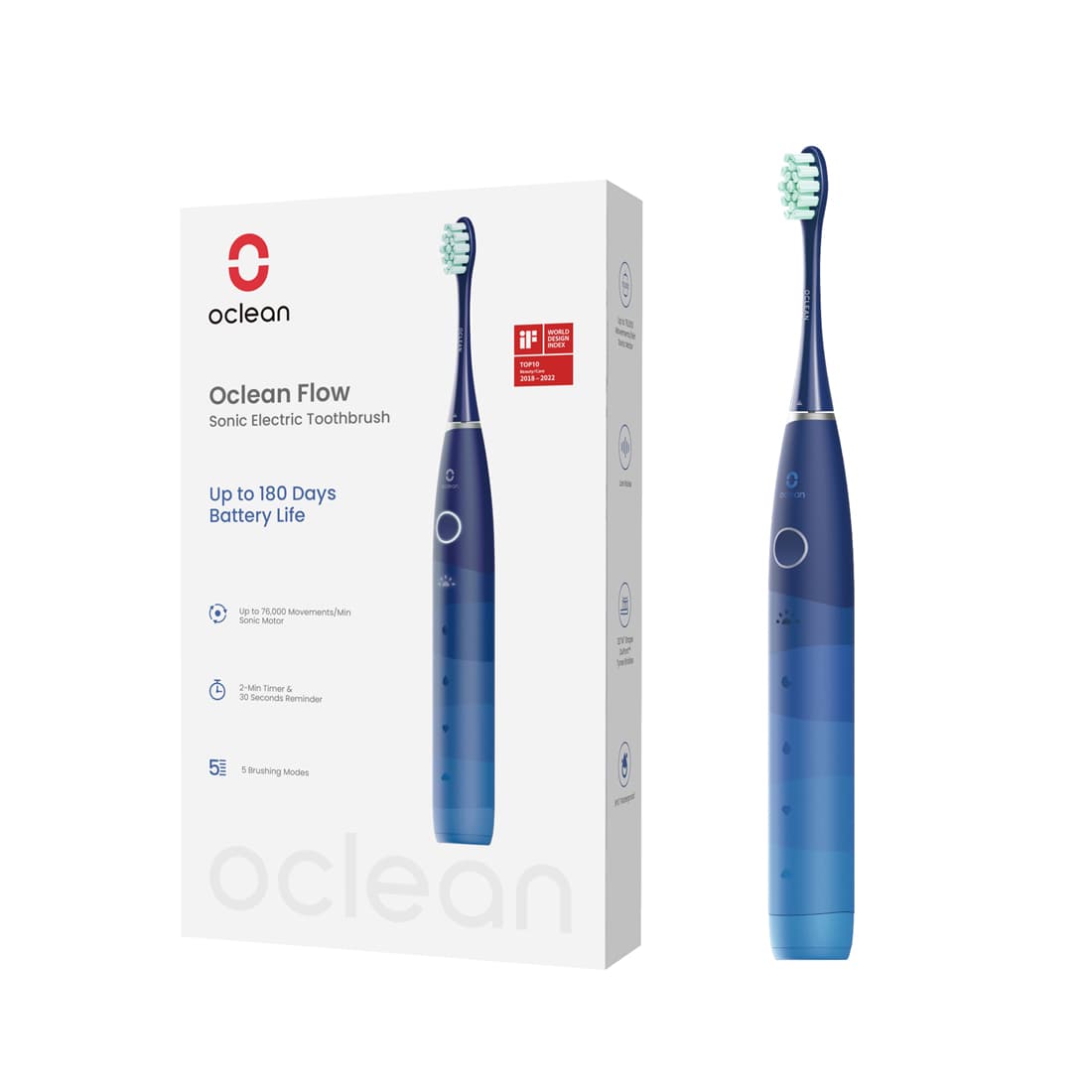 Зубная электрощетка, Oclean, Flow Blue, C01000307/F5002/C01000308, 38000 об/мин, 180 дней в режиме ожидания, 5 режимов чистки на ваш выбор, 2-минутный таймер и 30-секундное напоминание, до 180 дней на одном заряде, Аккумулятор 2500мАч, Вес 200гр, IPX7, USB Type-C, Синий