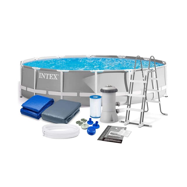 Каркасный бассейн Prism Frame 457 х 107 см, INTEX, 26724NP, Винил, 14614 л., Стальной каркас, Ф-насос 28638 (3785л/ч), Лестница 28075, Подложка 28048, Тент 28032, Гидроаэрация 22025, Серый, Цветная коробка