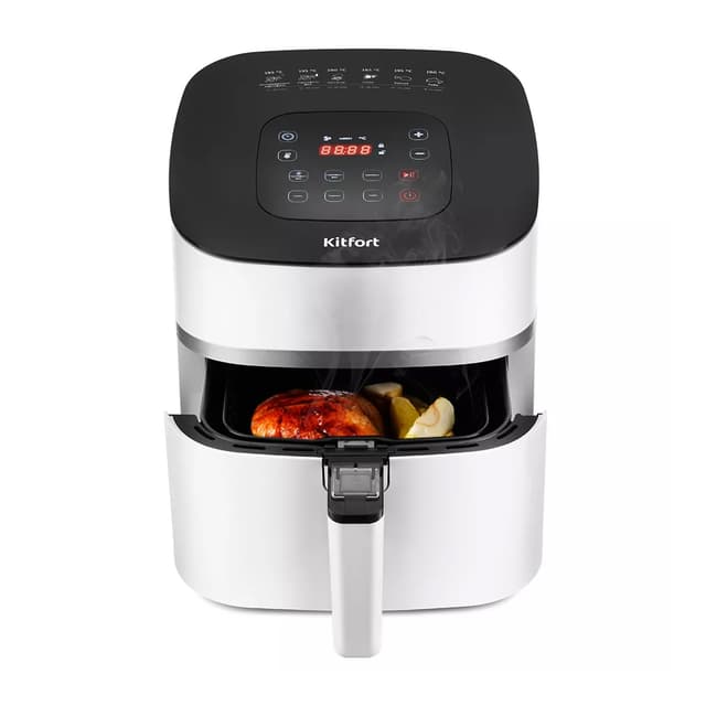 Аэрогриль, Kitfort, КТ-2217, Мощность 1500 Вт, Объем чаши 4.5 л, Сенсорное управление, Количество автоматических программ 6, Максимальная температура нагрева 200 °C, Цвет белый